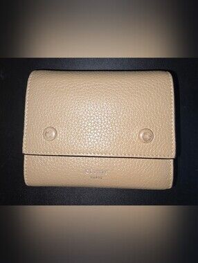 Celine Trifold Compact Beige Pebbled Leather Wallet Red Smooth Leather Interior